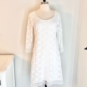 Alfani Crochet Trim Lace 3/4 Sleeve Shift Dress Knee Length, White, Size Small
